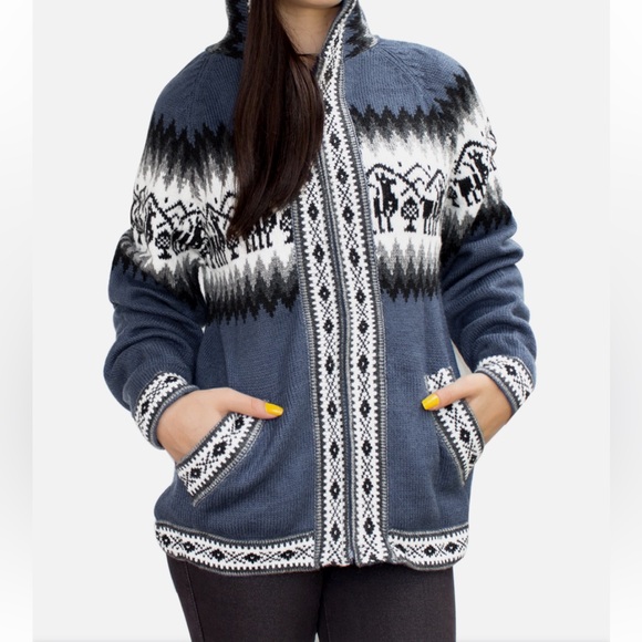 Alpaca Sweater Hoodie Cardigan Zipper Unisex Blue White Large - Picture 1 of 11